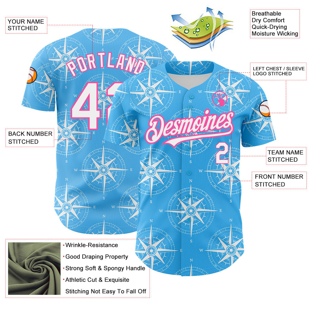 Custom Sky Blue White-Pink 3D Pattern Design Navigation Compass Authentic Baseball Jersey baseball jersey product view 3