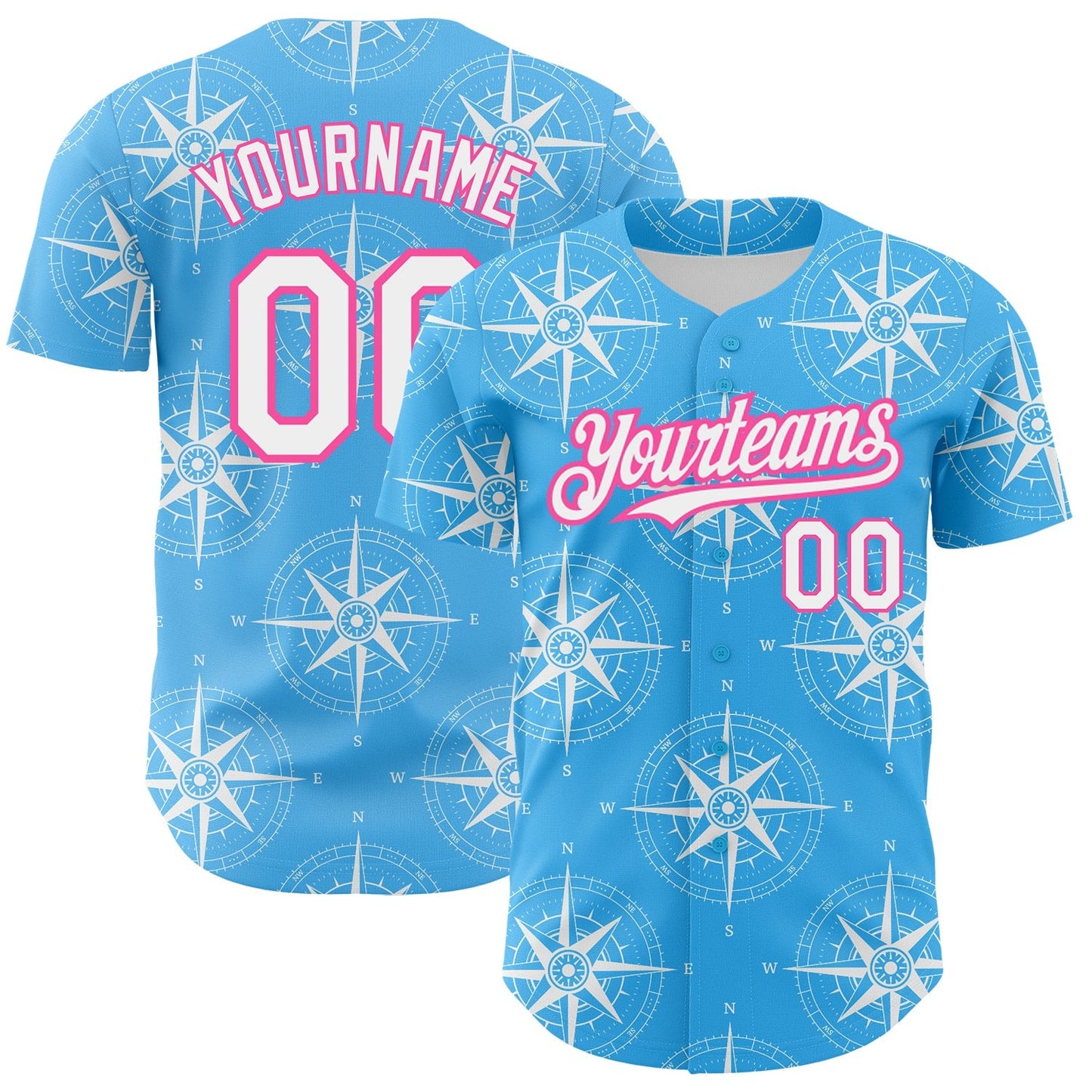 Custom Sky Blue White-Pink 3D Pattern Design Navigation Compass Authentic Baseball Jersey baseball jersey product view 1