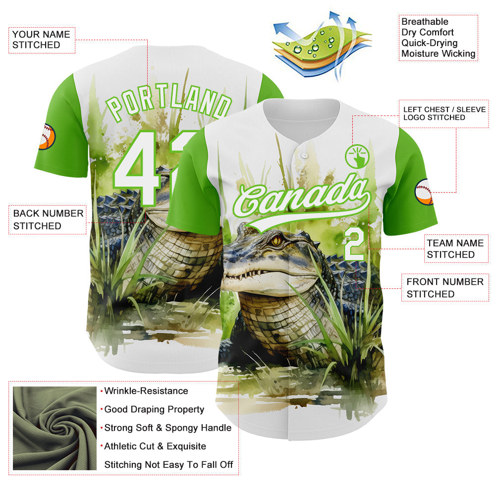 Custom White Aurora Green 3D Pattern Design Crocodile Authentic Baseball Jersey baseball jersey product view 3