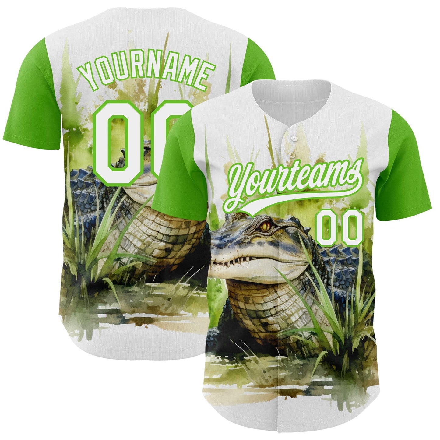 Custom White Aurora Green 3D Pattern Design Crocodile Authentic Baseball Jersey baseball jersey product view 1