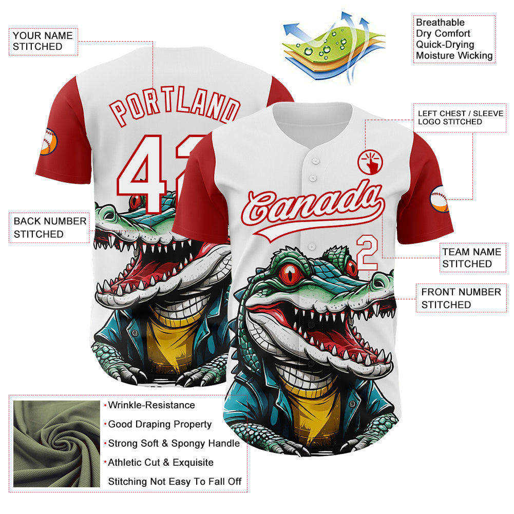 Custom White Red 3D Pattern Design Cartoon Crocodile Authentic Baseball Jersey baseball jersey product view 3