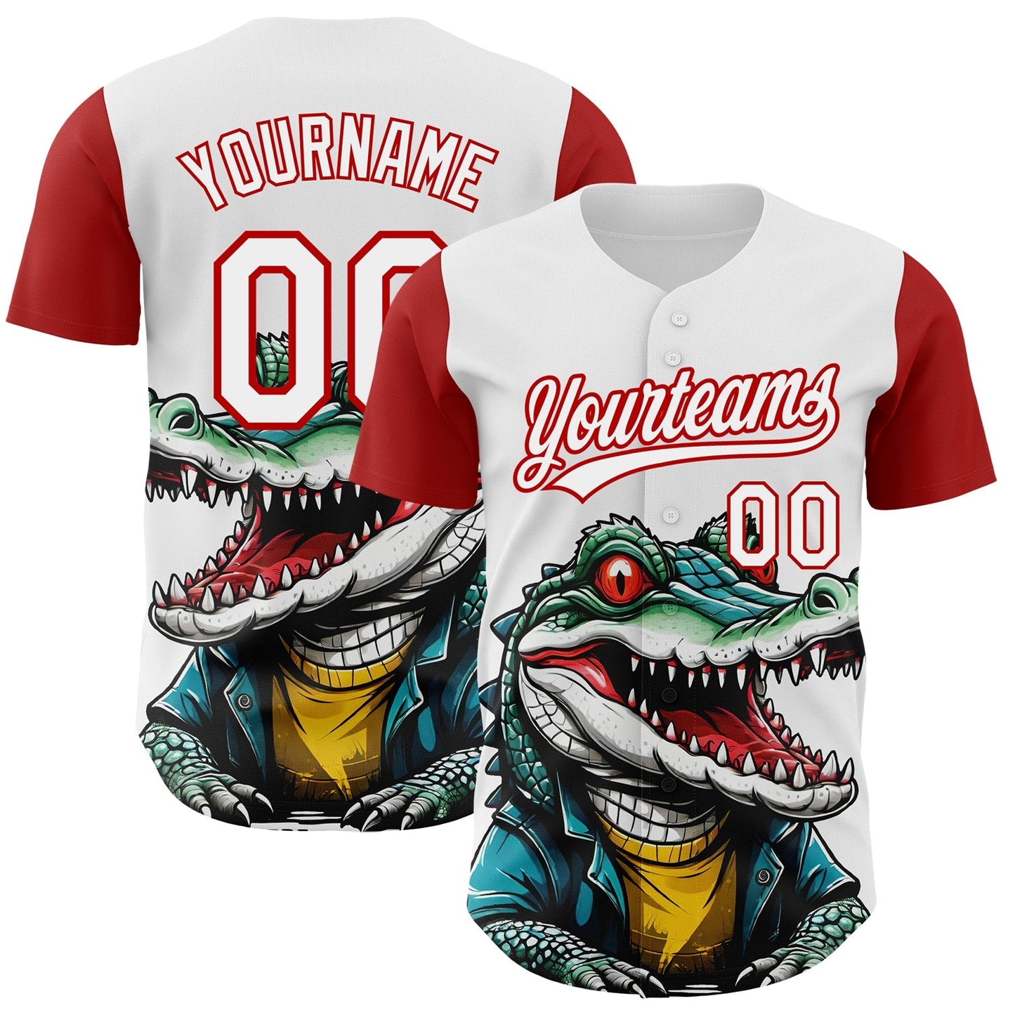 Custom White Red 3D Pattern Design Cartoon Crocodile Authentic Baseball Jersey baseball jersey product view 1