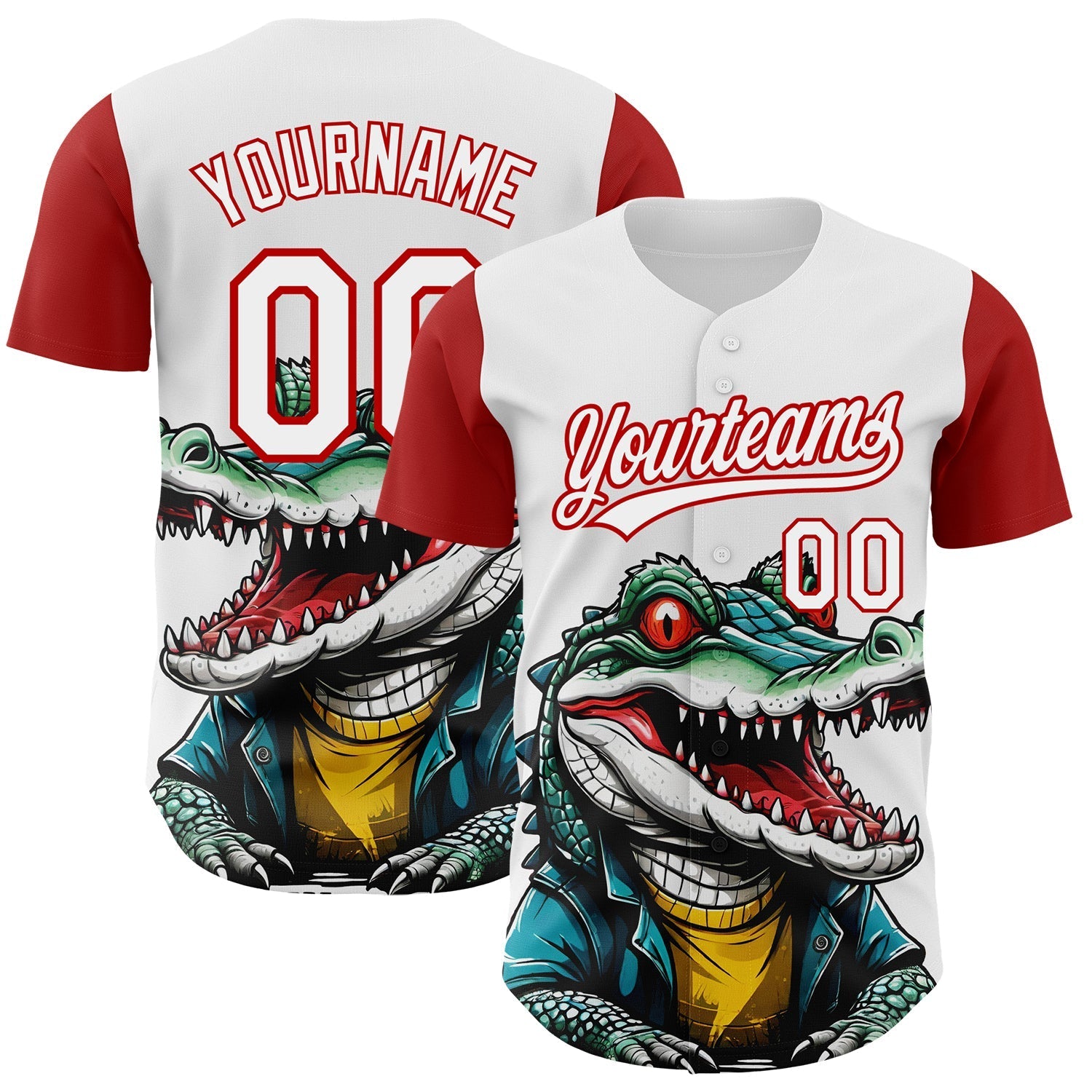 Custom White Red 3D Pattern Design Cartoon Crocodile Authentic Baseball Jersey baseball jersey product view 1