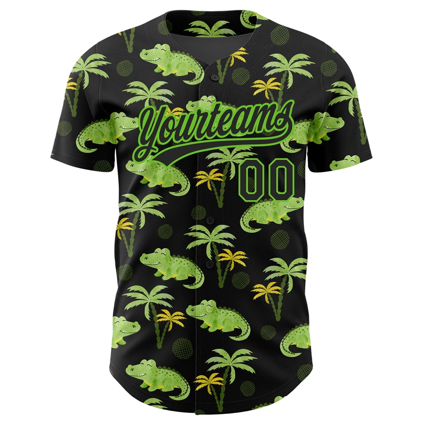 Custom Black Aurora Green 3D Pattern Design Crocodile And Tropical Hawaii Palm Trees Authentic Baseball Jersey baseball jersey product view 2