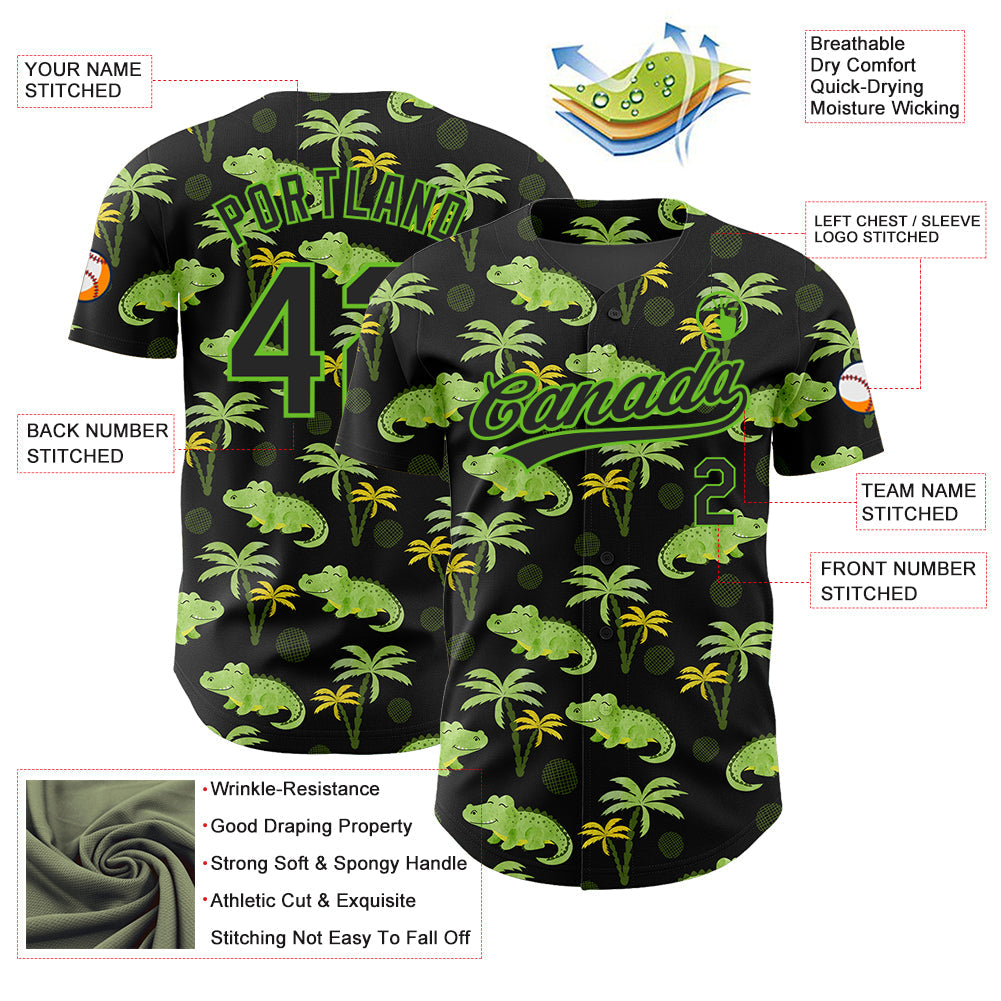 Custom Black Aurora Green 3D Pattern Design Crocodile And Tropical Hawaii Palm Trees Authentic Baseball Jersey baseball jersey product view 3