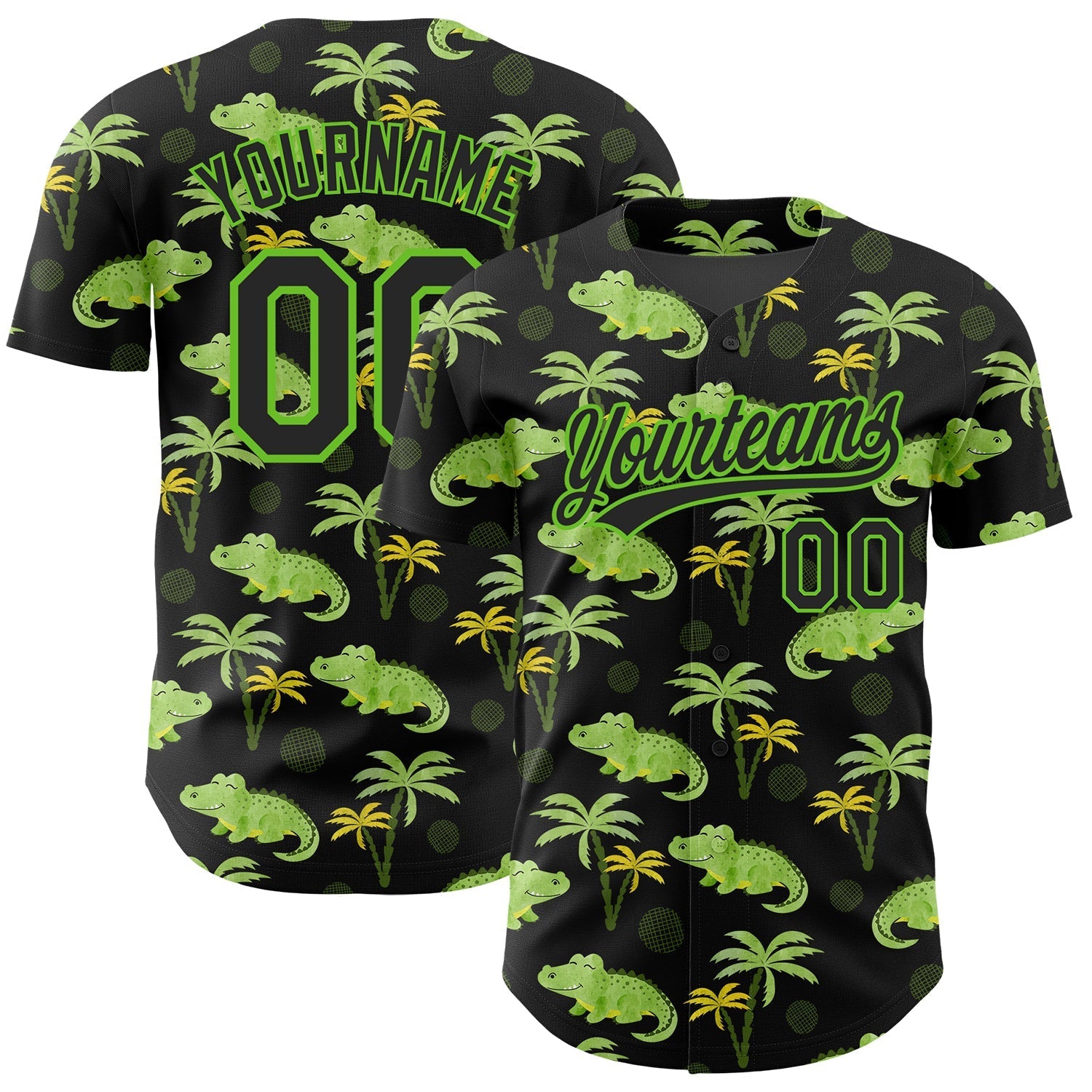 Custom Black Aurora Green 3D Pattern Design Crocodile And Tropical Hawaii Palm Trees Authentic Baseball Jersey baseball jersey product view 1