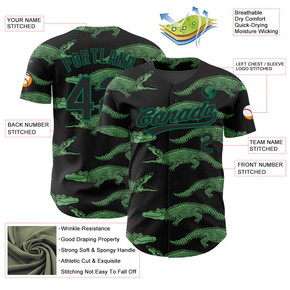 Custom Black Kelly Green 3D Pattern Design Crocodile Authentic Baseball Jersey baseball jersey product view 3