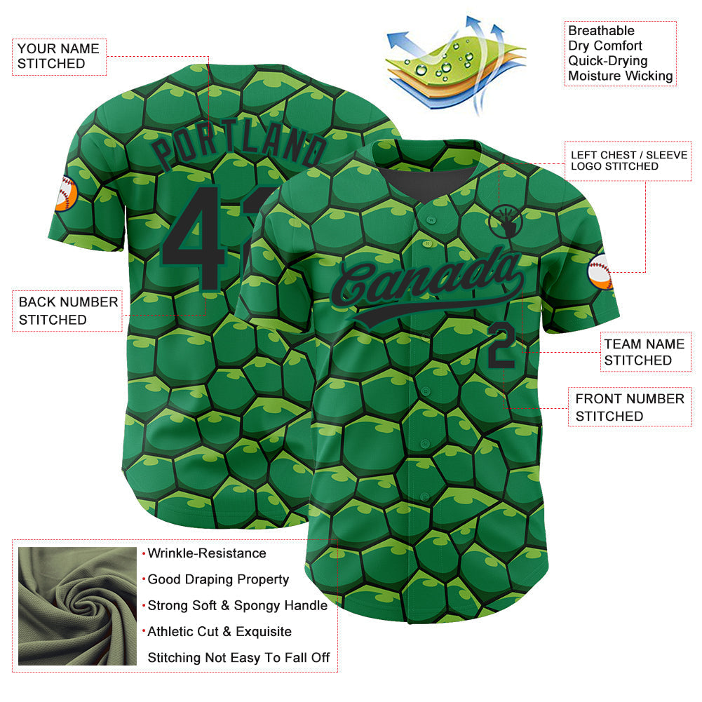 Custom Kelly Green Black 3D Pattern Design Turtle Shell Authentic Baseball Jersey baseball jersey product view 3