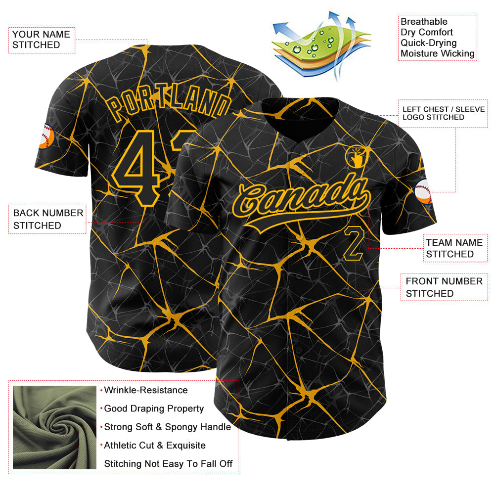 Custom Black Gold 3D Pattern Design Abstract Network Authentic Baseball Jersey baseball jersey product view 3