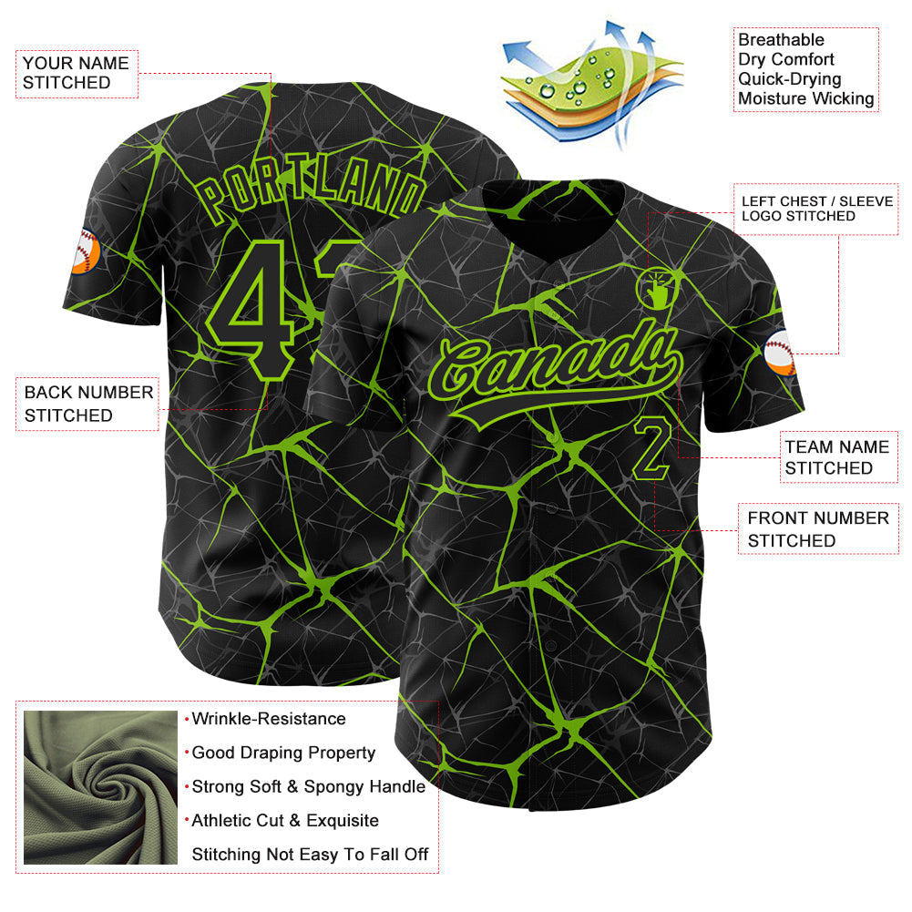 Custom Black Neon Green 3D Pattern Design Abstract Network Authentic Baseball Jersey baseball jersey product view 3