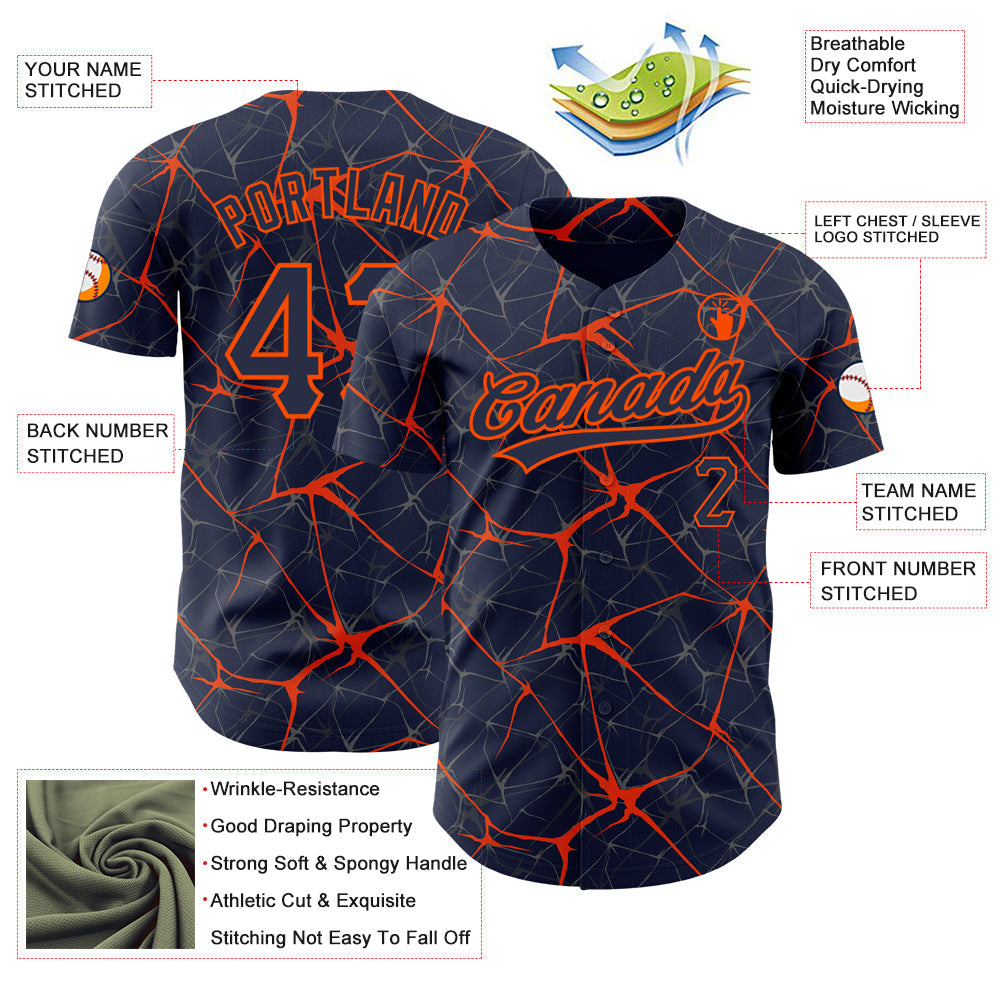 Custom Navy Orange 3D Pattern Design Abstract Network Authentic Baseball Jersey baseball jersey product view 3