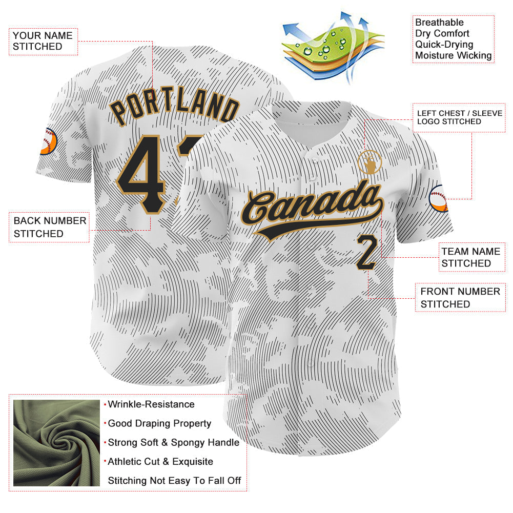 Custom White Black-Old Gold 3D Pattern Design Curve Lines Authentic Baseball Jersey baseball jersey product view 3