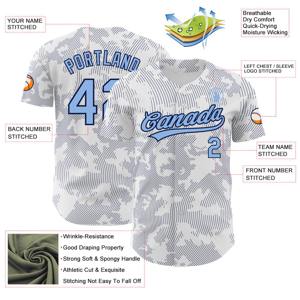 Custom White Light Blue-Navy 3D Pattern Design Curve Lines Authentic Baseball Jersey baseball jersey product view 3
