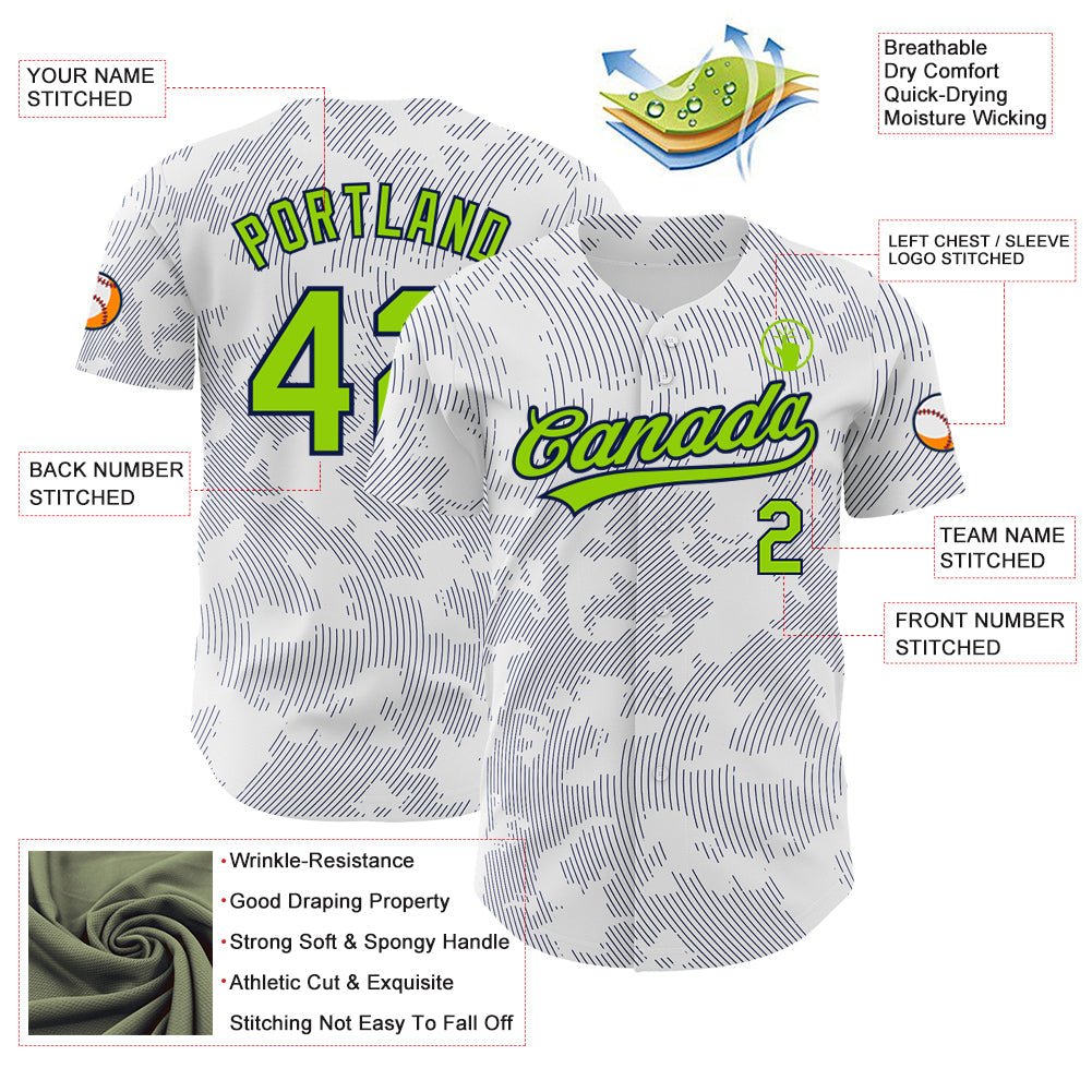 Custom White Neon Green-Navy 3D Pattern Design Curve Lines Authentic Baseball Jersey baseball jersey product view 3