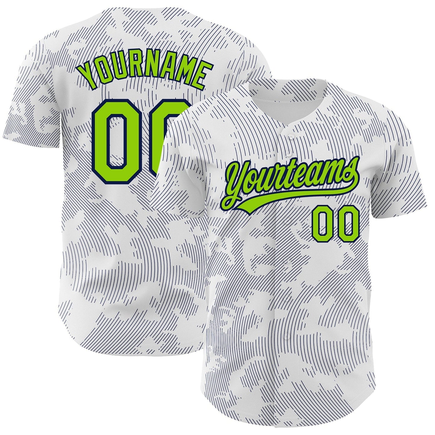 Custom White Neon Green-Navy 3D Pattern Design Curve Lines Authentic Baseball Jersey baseball jersey product view 1