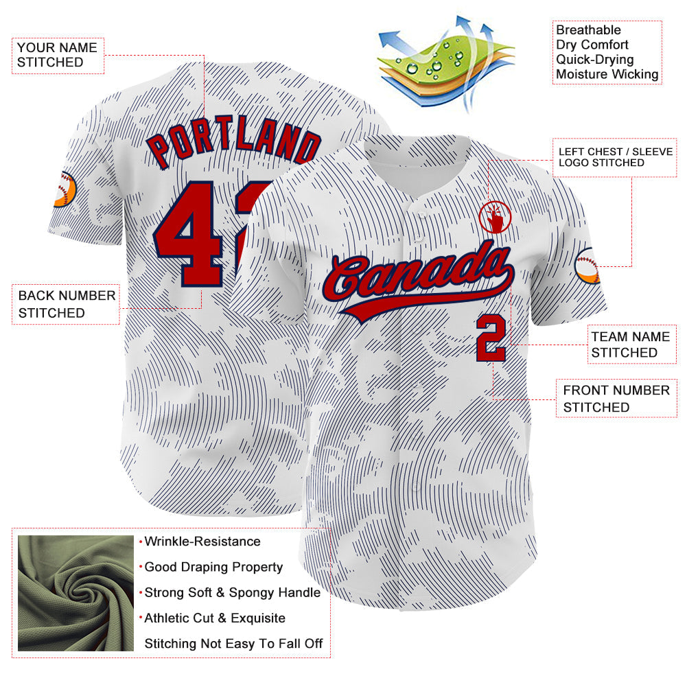Custom White Red-Navy 3D Pattern Design Curve Lines Authentic Baseball Jersey baseball jersey product view 3