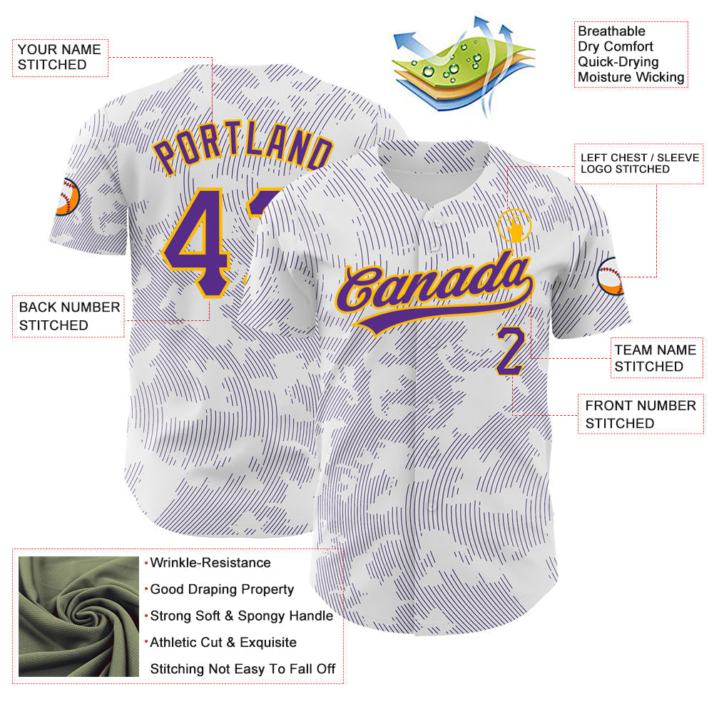 Custom White Purple-Gold 3D Pattern Design Curve Lines Authentic Baseball Jersey baseball jersey product view 3