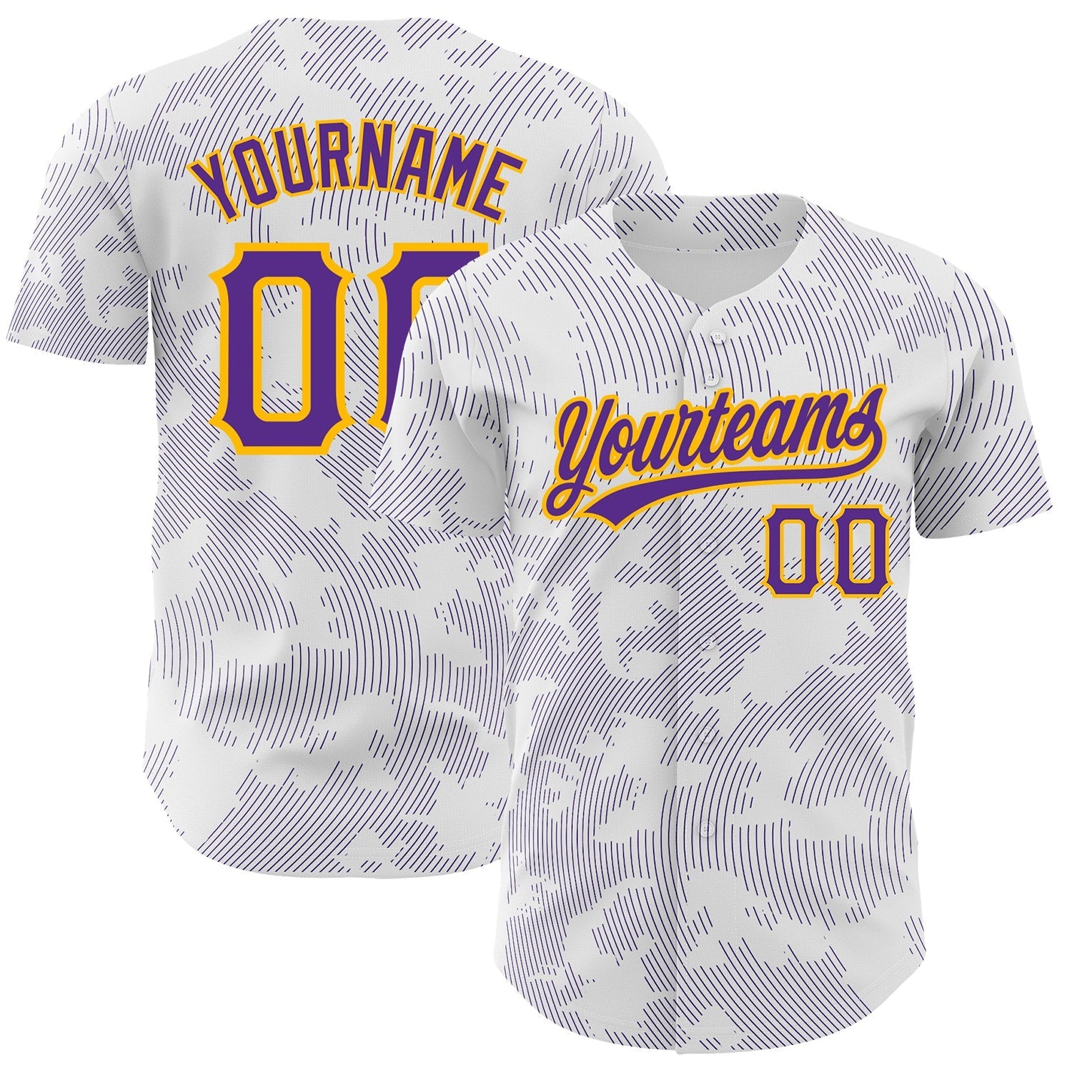 Custom White Purple-Gold 3D Pattern Design Curve Lines Authentic Baseball Jersey baseball jersey product view 1