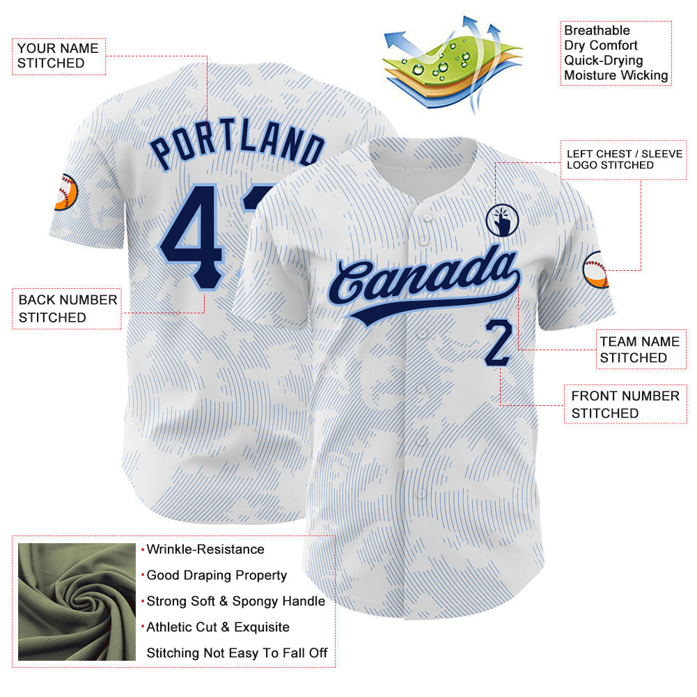 Custom White Navy-Light Blue 3D Pattern Design Curve Lines Authentic Baseball Jersey baseball jersey product view 3