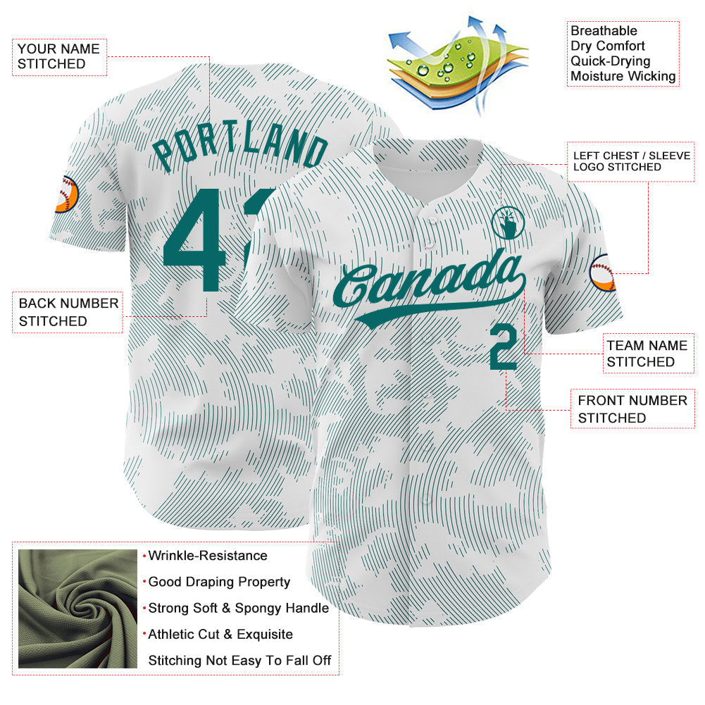 Custom White Teal 3D Pattern Design Curve Lines Authentic Baseball Jersey baseball jersey product view 3