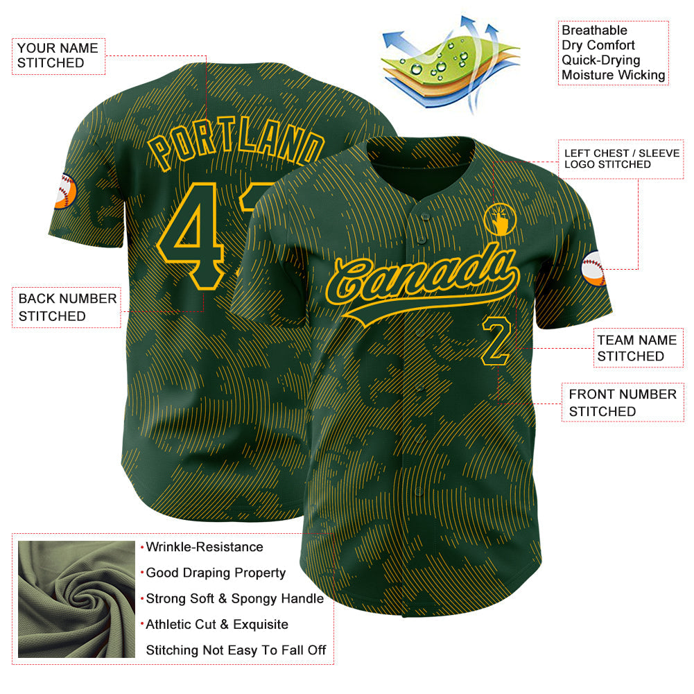 Custom Green Gold 3D Pattern Design Curve Lines Authentic Baseball Jersey baseball jersey product view 3