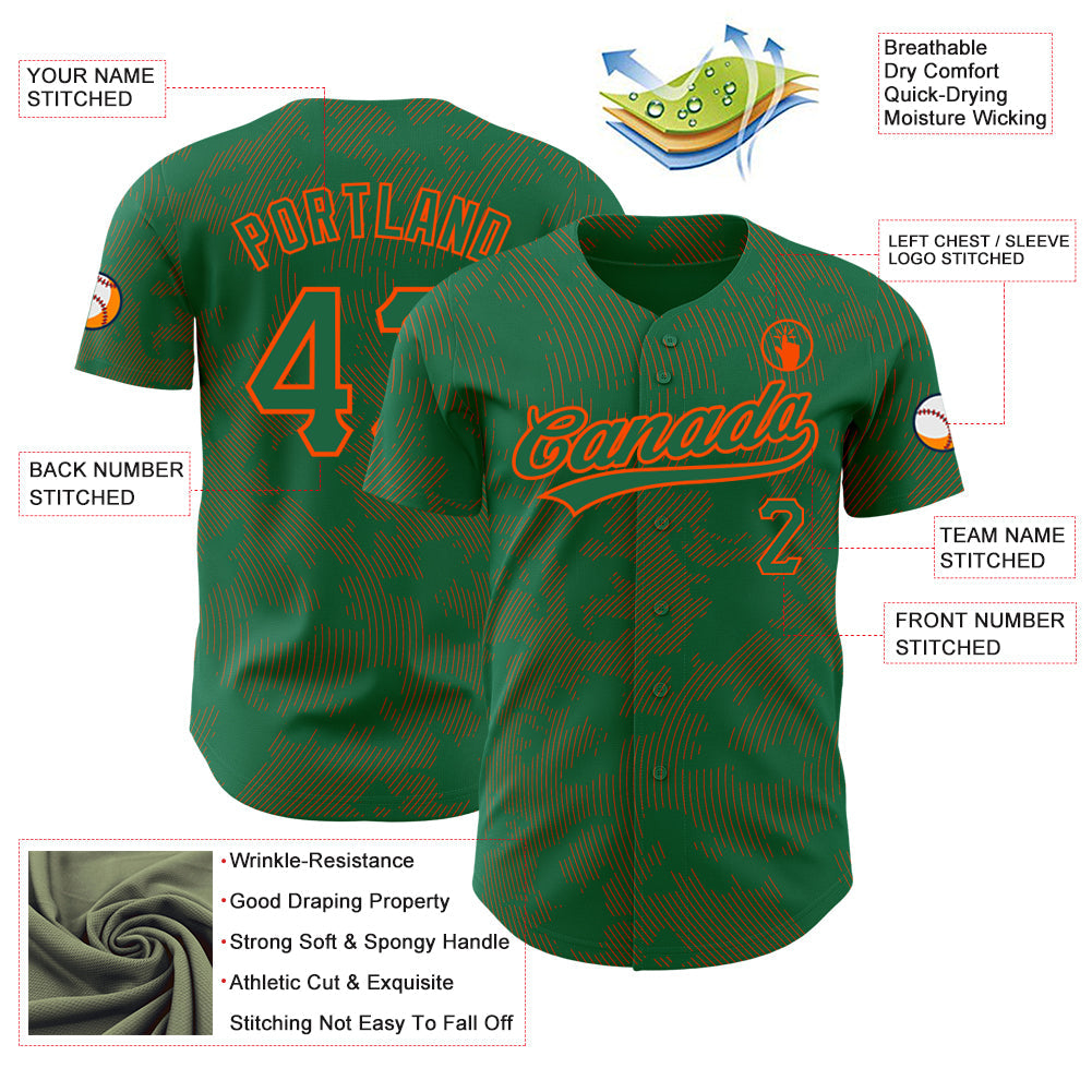 Custom Kelly Green Orange 3D Pattern Design Curve Lines Authentic Baseball Jersey baseball jersey product view 3