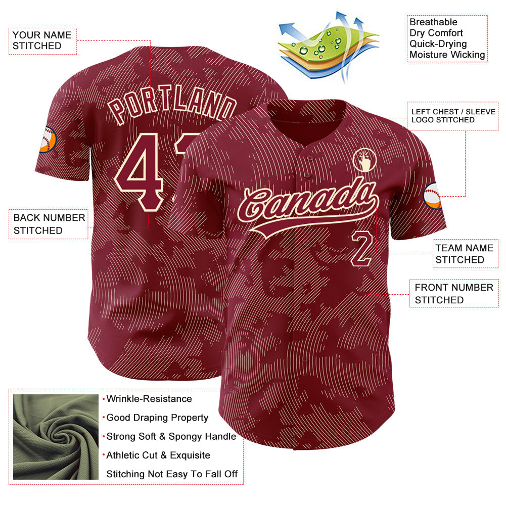 Custom Crimson Cream 3D Pattern Design Curve Lines Authentic Baseball Jersey baseball jersey product view 3