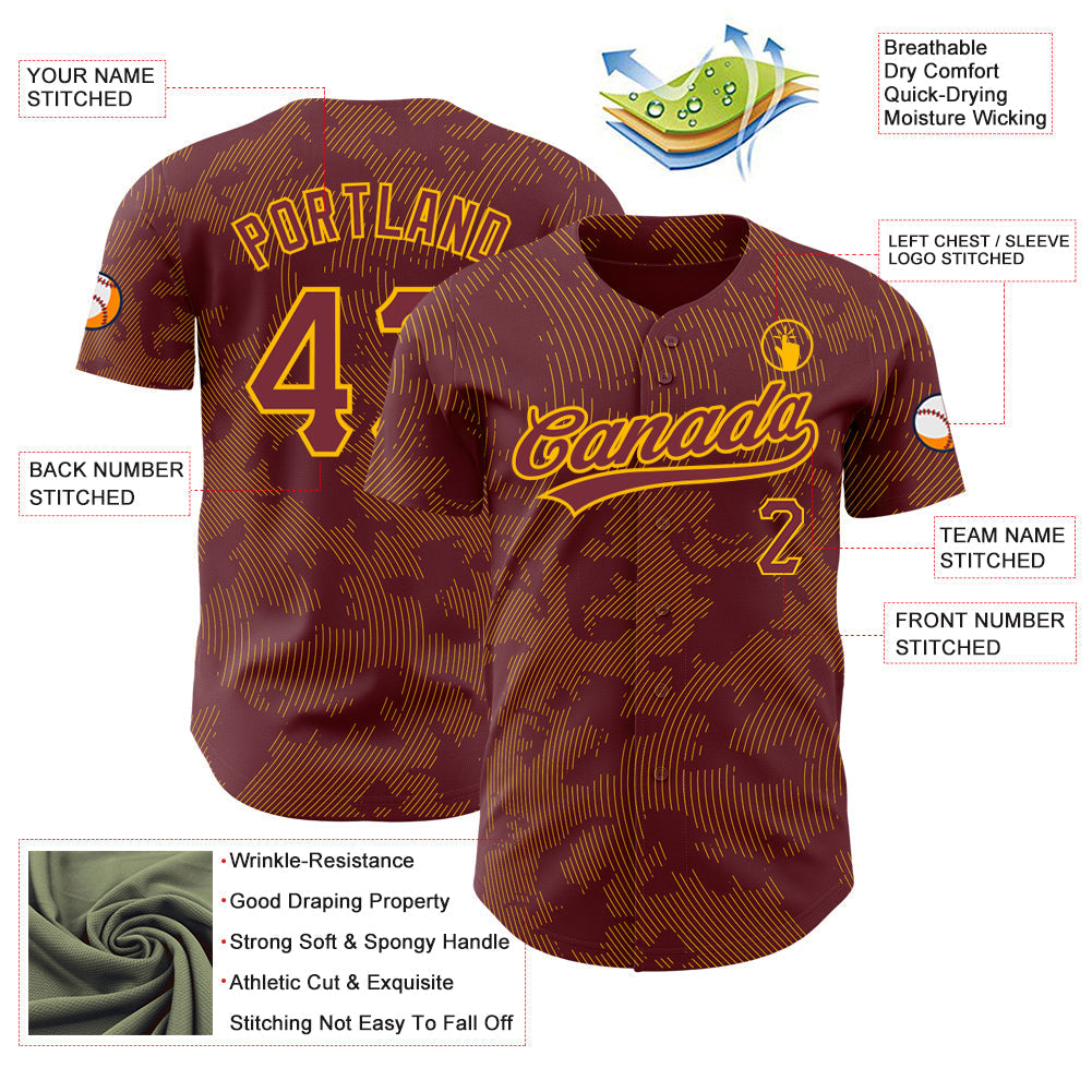 Custom Burgundy Gold 3D Pattern Design Curve Lines Authentic Baseball Jersey baseball jersey product view 3