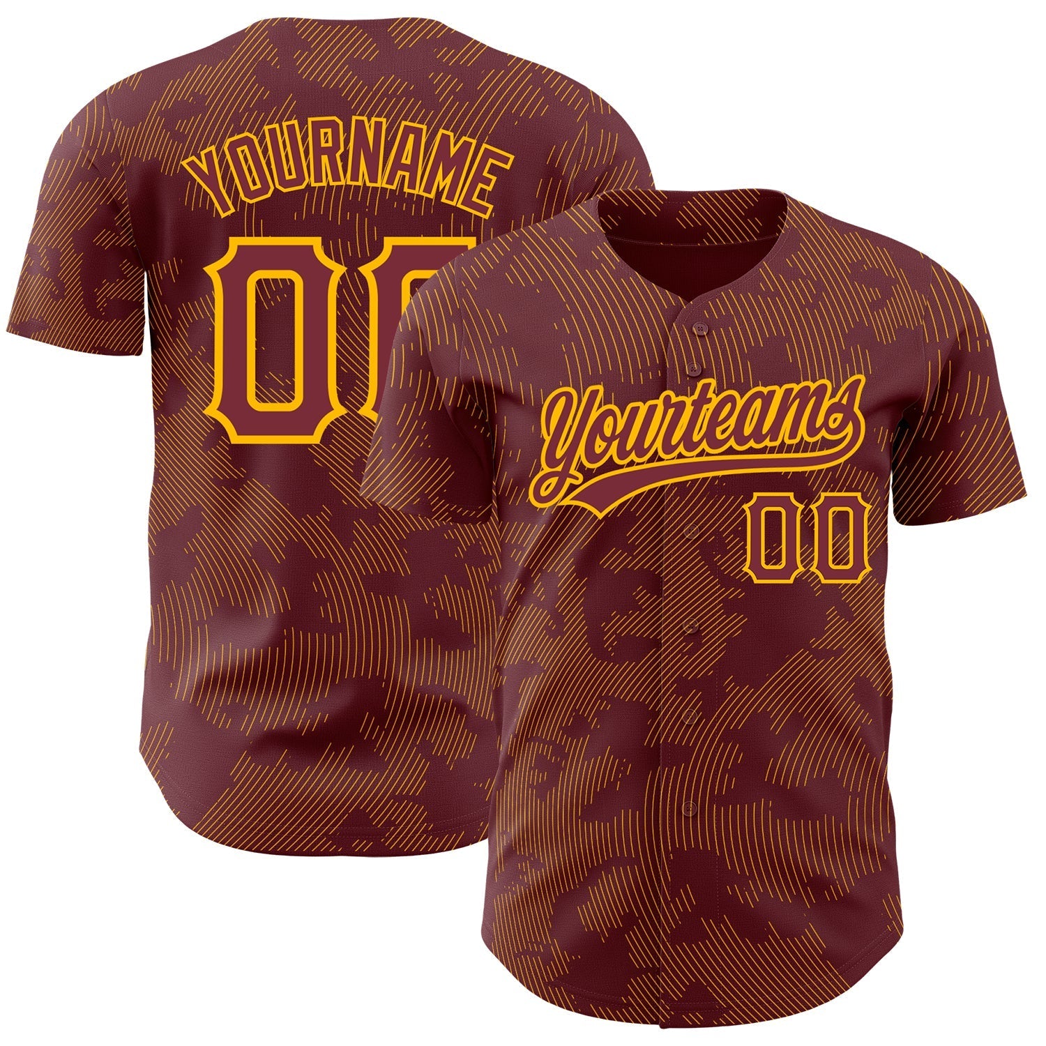 Custom Burgundy Gold 3D Pattern Design Curve Lines Authentic Baseball Jersey baseball jersey product view 1