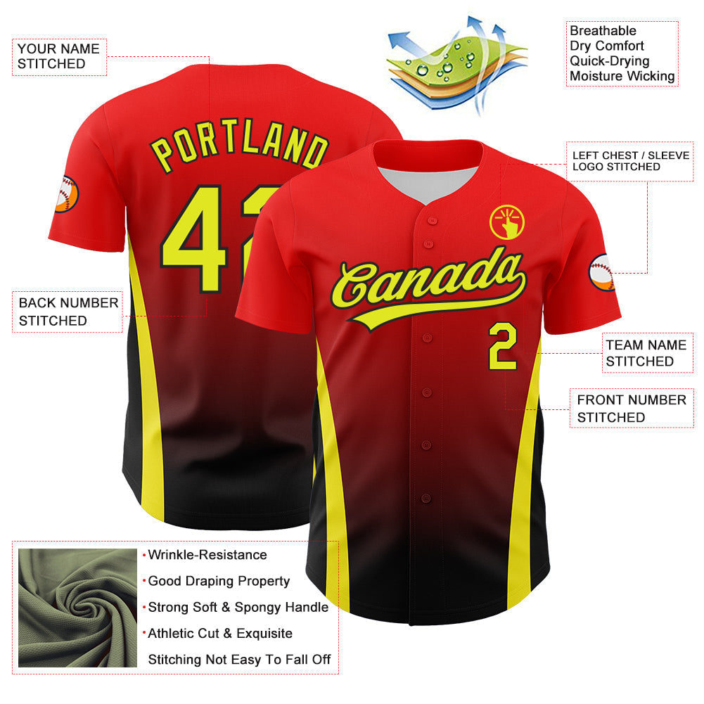 Custom Red Neon Yellow-Black 3D Pattern Design Side Stripes Authentic Baseball Jersey baseball jersey product view 3