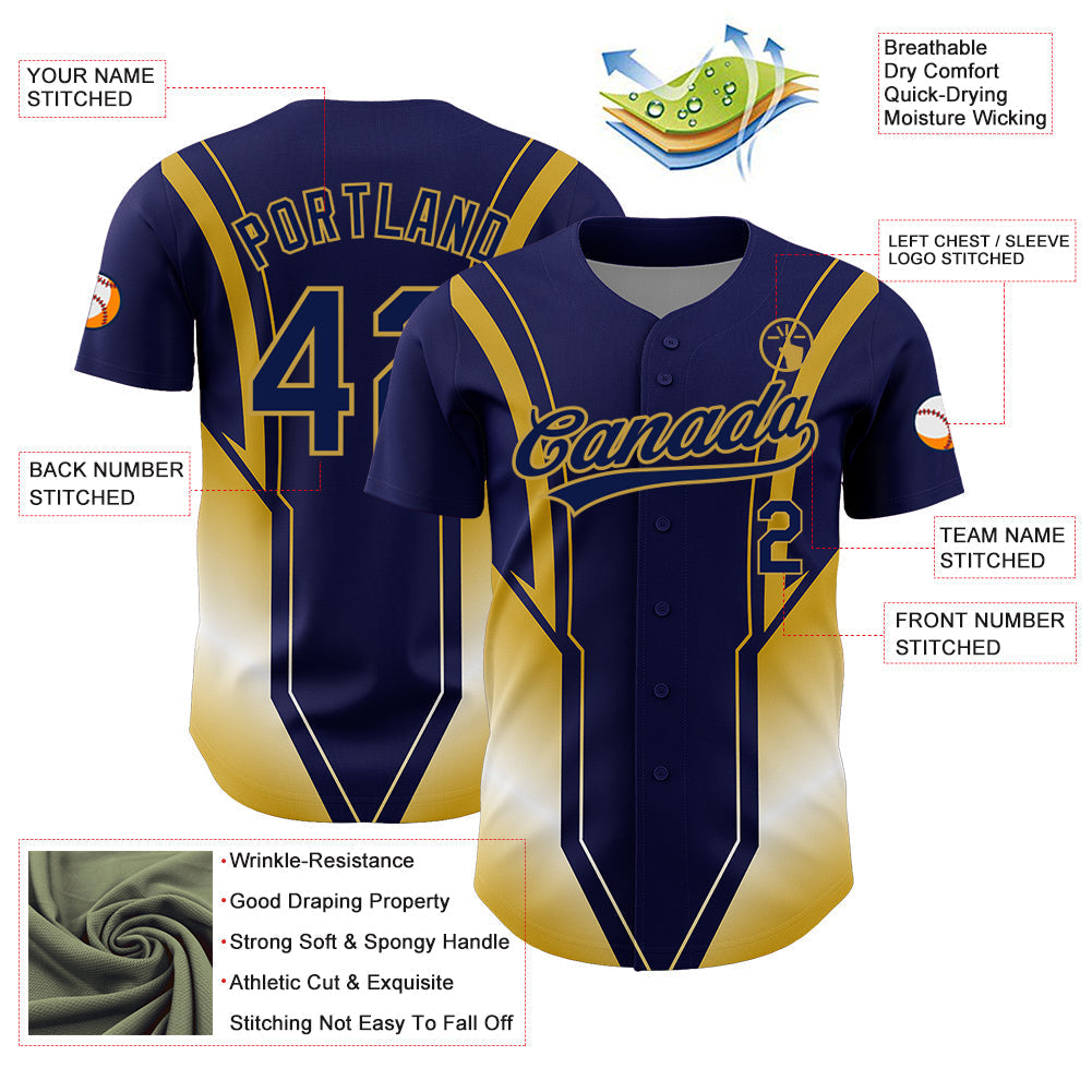 Custom Navy Old Gold 3D Pattern Design Side Stripes Authentic Baseball Jersey baseball jersey product view 3