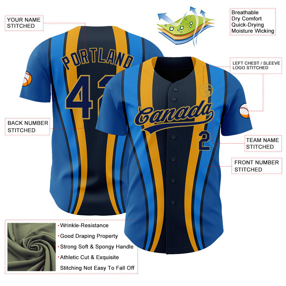Custom Royal Navy-Old Gold 3D Pattern Design Side Stripes Authentic Baseball Jersey baseball jersey product view 3