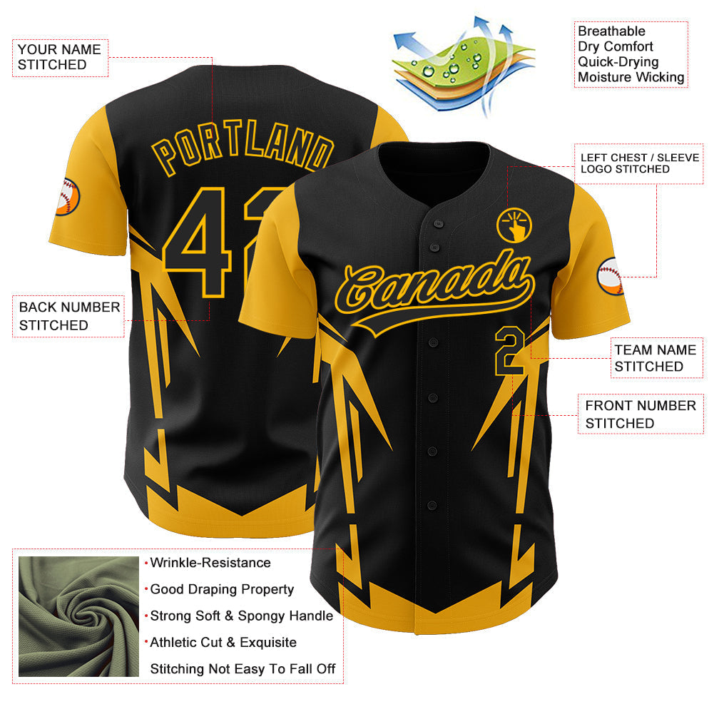 Custom Black Gold 3D Pattern Design Side Sharp Edges Authentic Baseball Jersey baseball jersey product view 3