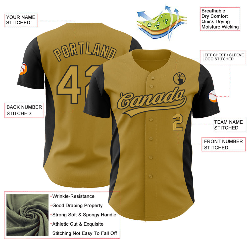 Custom Old Gold Black 3D Pattern Design Side Panel Stripes Authentic Baseball Jersey baseball jersey product view 3