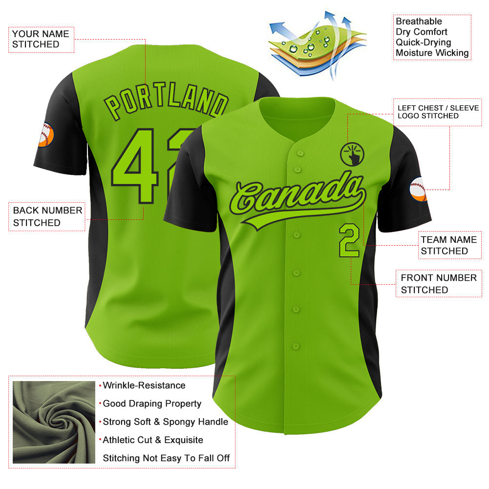 Custom Neon Green Black 3D Pattern Design Side Panel Stripes Authentic Baseball Jersey baseball jersey product view 3