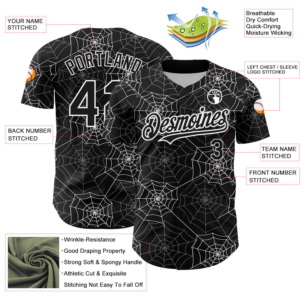Custom Black White 3D Pattern Design Spider Web Authentic Baseball Jersey baseball jersey product view 3