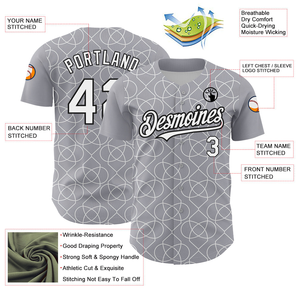 Custom Gray White-Black 3D Pattern Design Arabesque Shape Authentic Baseball Jersey baseball jersey product view 3