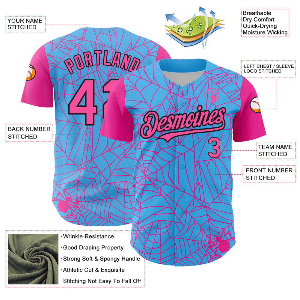 Custom Sky Blue Pink-Black 3D Pattern Design Spider Web Authentic Baseball Jersey baseball jersey product view 3