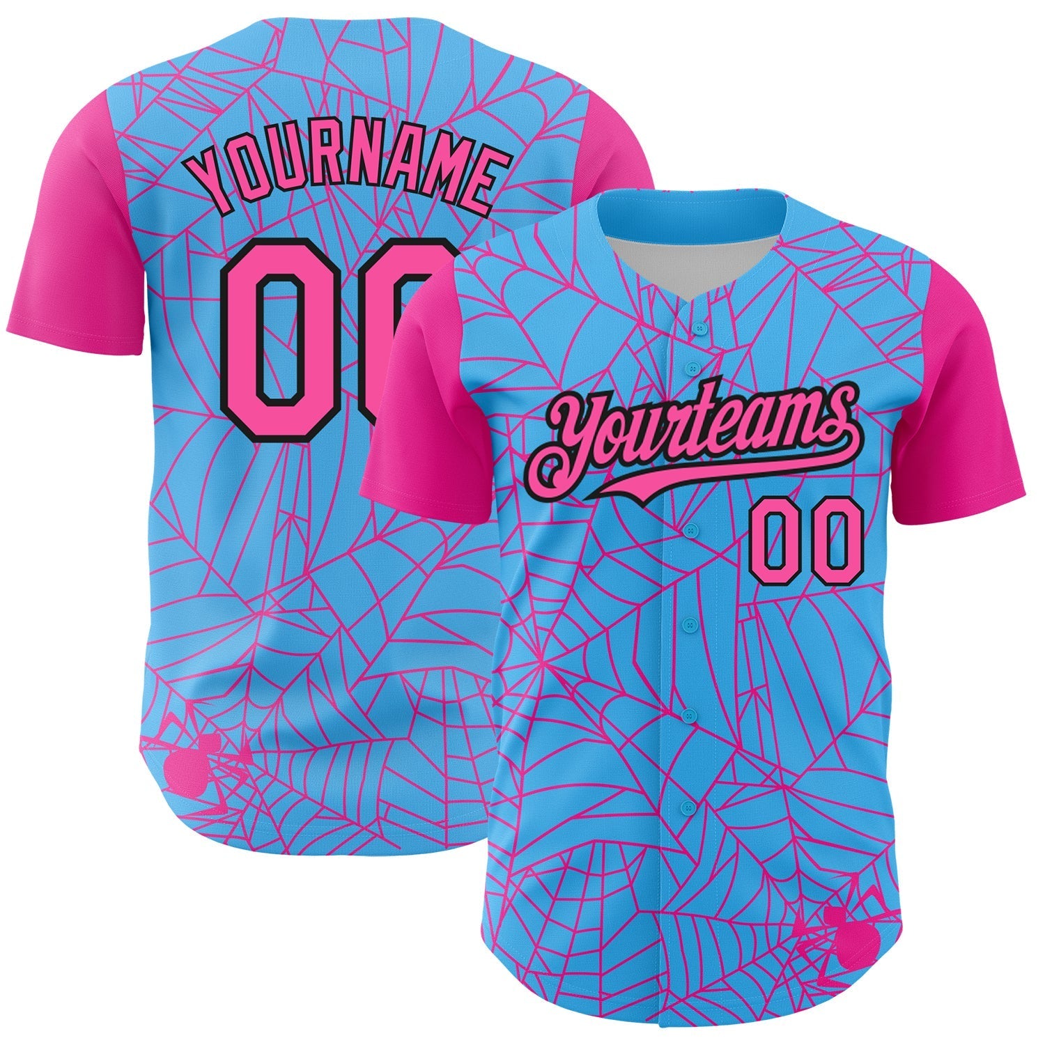 Custom Sky Blue Pink-Black 3D Pattern Design Spider Web Authentic Baseball Jersey baseball jersey product view 1