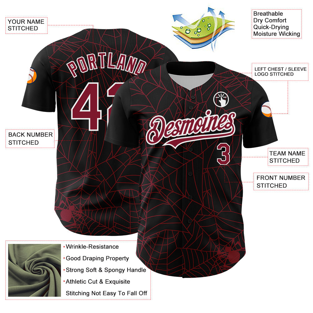 Custom Black Crimson-White 3D Pattern Design Spider Web Authentic Baseball Jersey baseball jersey product view 3