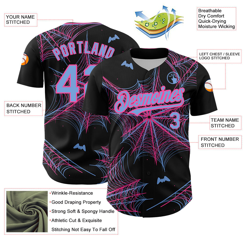 Custom Black Light Blue-Pink 3D Pattern Design Spider Web Authentic Baseball Jersey baseball jersey product view 3