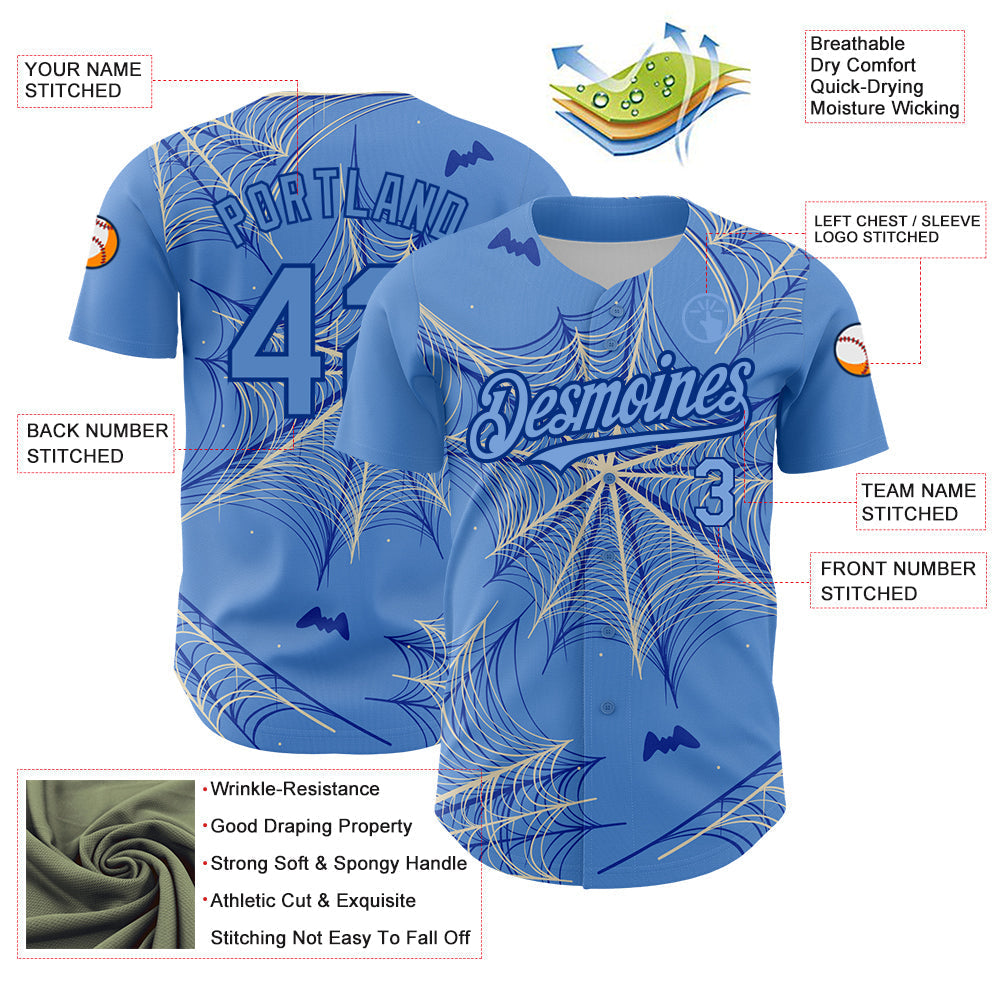 Custom Light Blue Cream-Royal 3D Pattern Design Spider Web Authentic Baseball Jersey baseball jersey product view 3