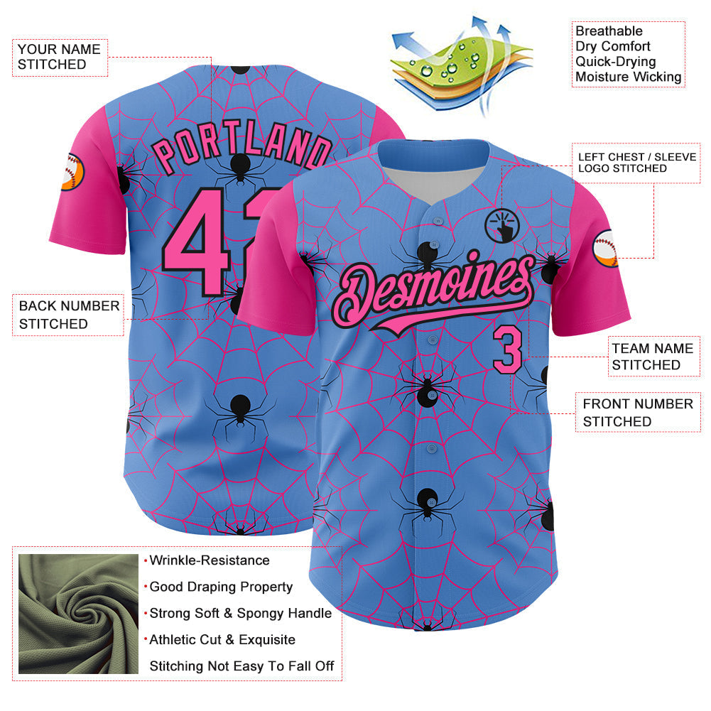 Custom Light Blue Pink-Black 3D Pattern Design Spider Web Authentic Baseball Jersey baseball jersey product view 3