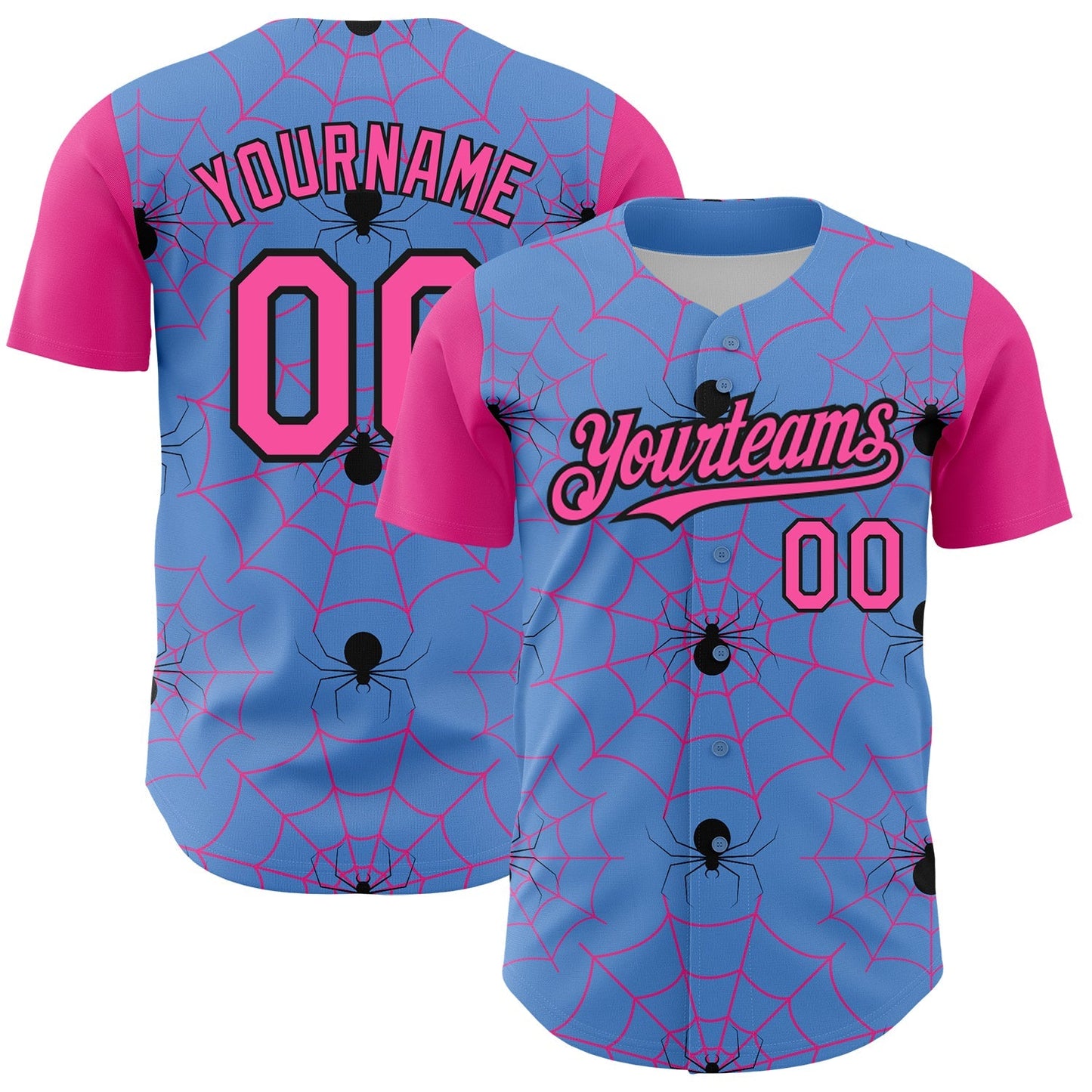 Custom Light Blue Pink-Black 3D Pattern Design Spider Web Authentic Baseball Jersey baseball jersey product view 1