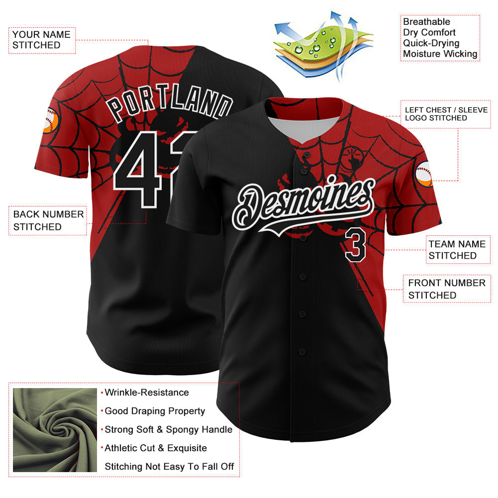 Custom Black Red-White 3D Pattern Design Spider Web Authentic Baseball Jersey baseball jersey product view 3