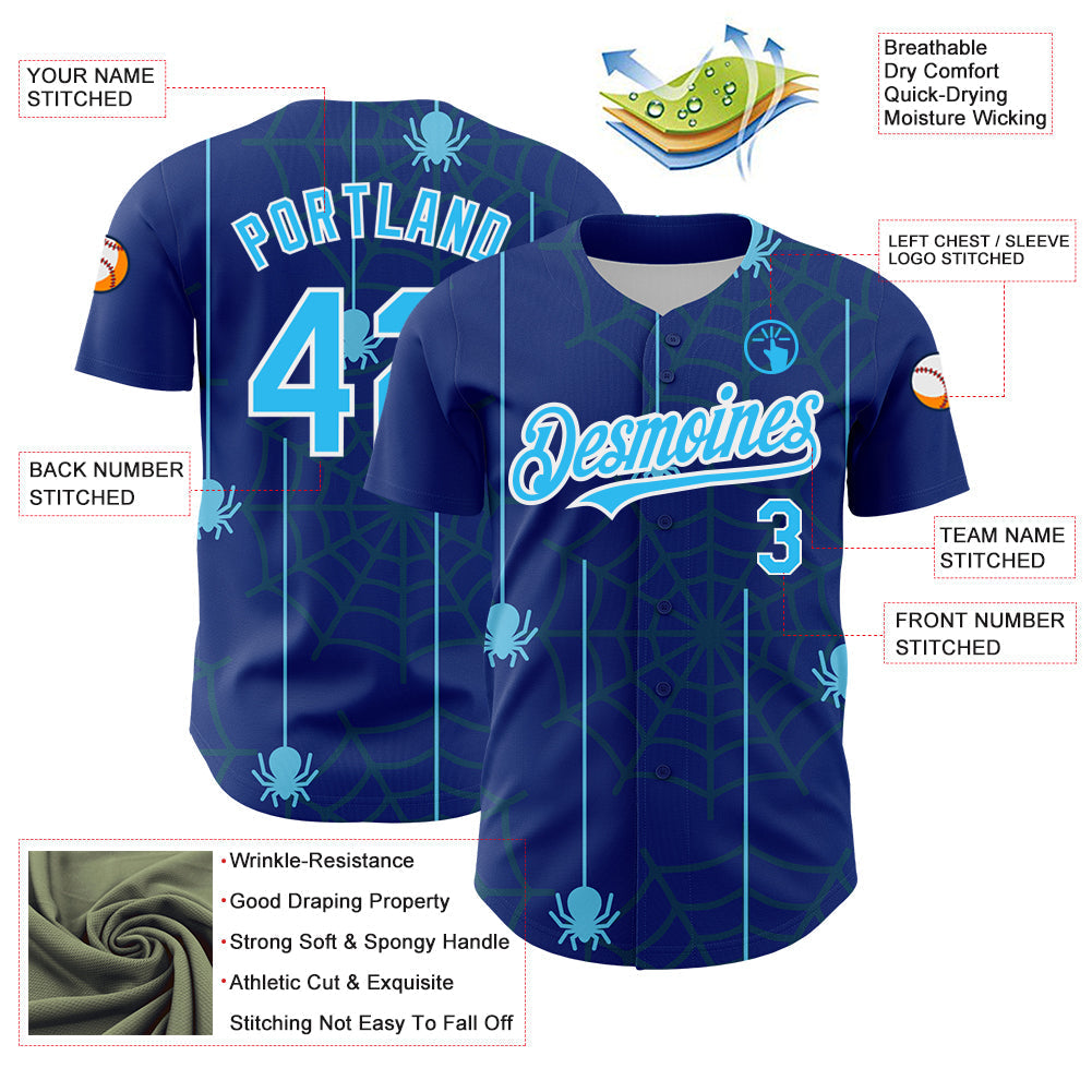 Custom Royal Sky Blue-White 3D Pattern Design Spider Web Authentic Baseball Jersey baseball jersey product view 3
