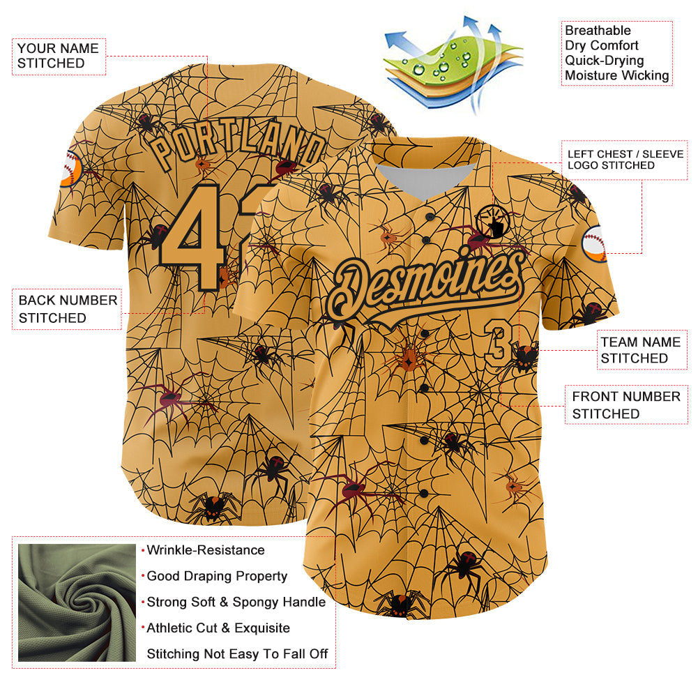 Custom Gold Black 3D Pattern Design Spider Web Authentic Baseball Jersey baseball jersey product view 3