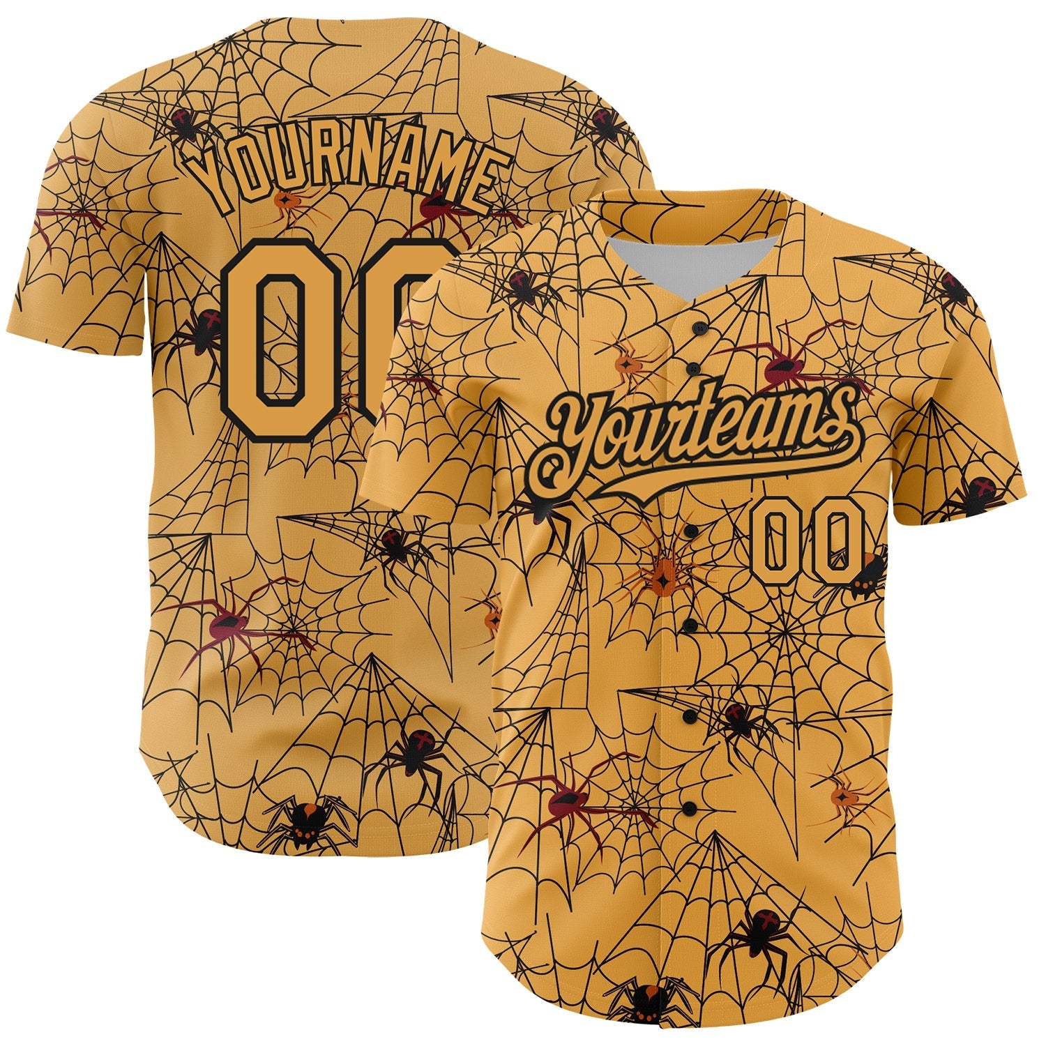 Custom Gold Black 3D Pattern Design Spider Web Authentic Baseball Jersey baseball jersey product view 1
