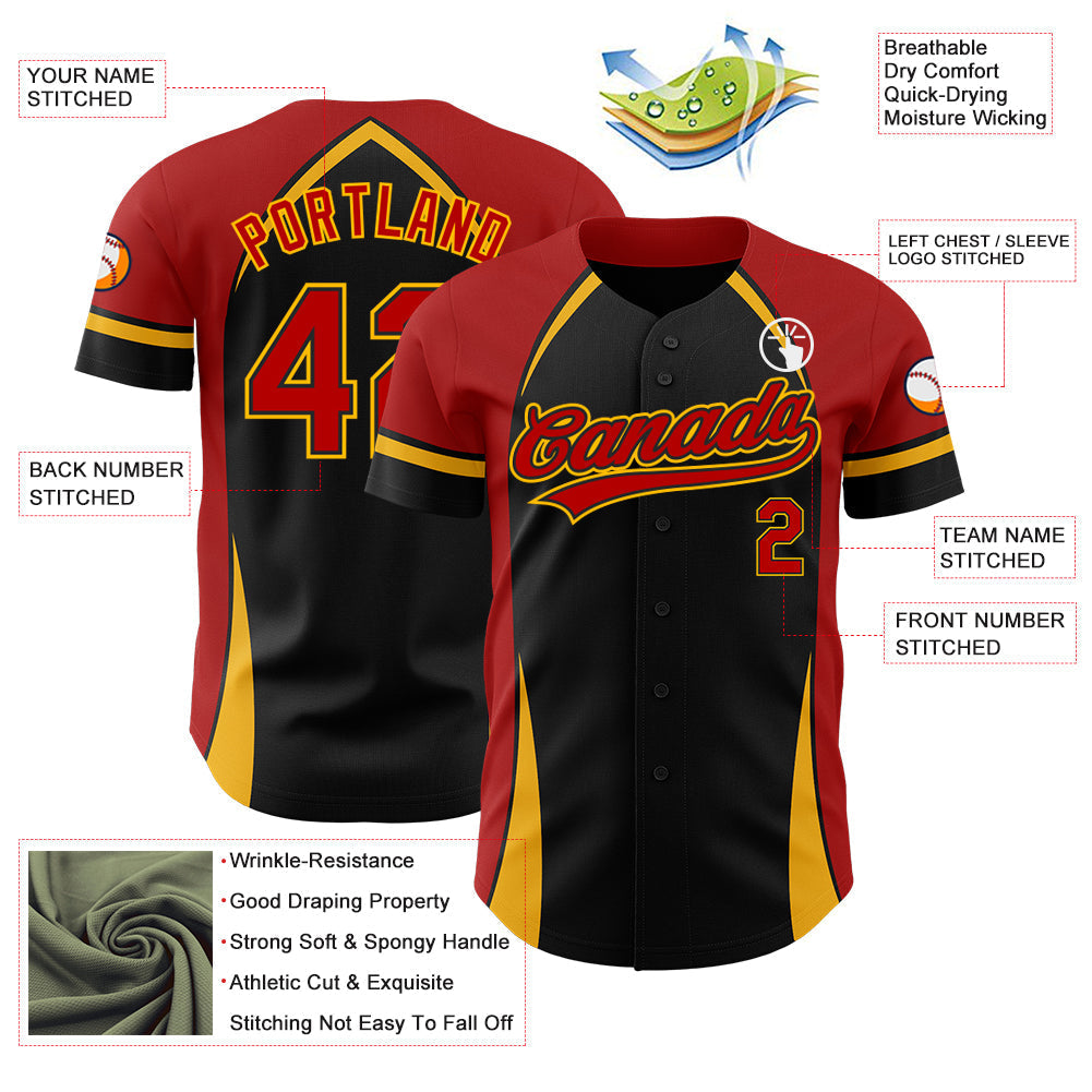 Custom Black Red-Gold 3D Pattern Design Curve Solid Authentic Baseball Jersey baseball jersey product view 3
