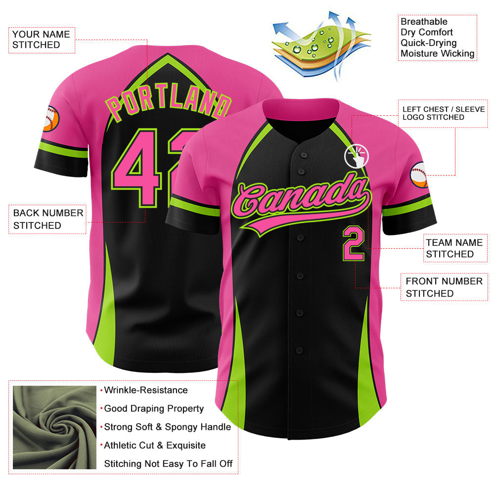 Custom Black Pink-Neon Green 3D Pattern Design Curve Solid Authentic Baseball Jersey baseball jersey product view 3
